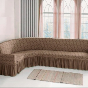 Husa elastica pentru coltar, model Jacquard, cu volanas, culoare Maro Deschis