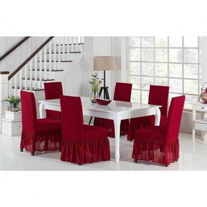 Set 6 huse elastice pentru scaune, cu volanas, model Jacquard Bordo