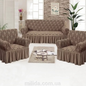 Set huse elastice pentru canapea 3 Locuri si 2 fotolii, cu volanas, model Jacquard Maro Deschis