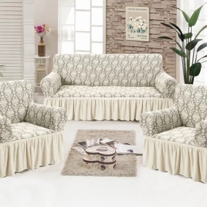 Set huse elastice pentru canapea 3 Locuri si 2 fotolii, cu volanas, model Jacquard Bej Deschis