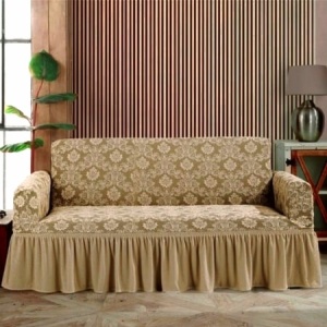 Husa elastica pentru canapea 3 locuri, cu volanas, model Jacquard, Bej