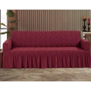 Husa elastica pentru canapea 3 locuri, cu volanas, model Jacquard, Bordo