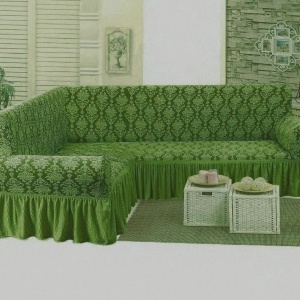 Husa elastica pentru coltar, cu volanas, model Jacquard Verde