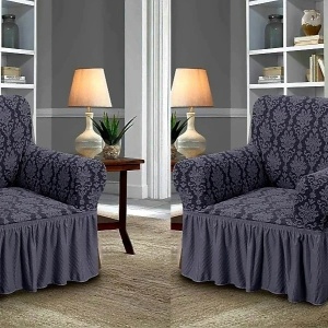 Set 2 Huse elastice pentru fotolii, cu volanas si model Jacquard Cenusiu