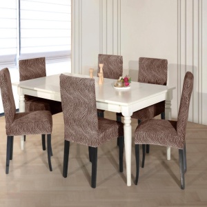 Set 6 huse elastice pentru scaune, model Jacquard, Maro deschis in dungi - Img 3