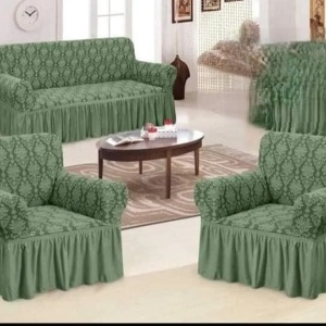 Set huse elastice pentru canapea 3 Locuri si 2 fotolii, cu volanas, model Jacquard Verde