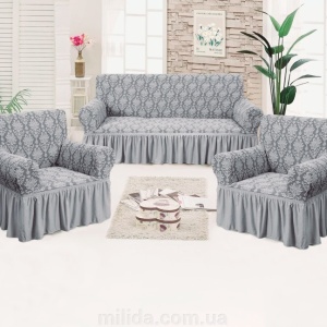 Set huse elastice pentru canapea 3 Locuri si 2 fotolii, cu volanas, model Jacquard Gri