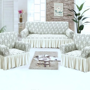 Set huse elastice pentru canapea 3 Locuri si 2 fotolii, cu volanas, model Jacquard Alb