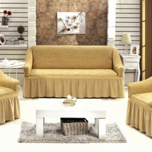 Set huse elastice si creponate pentru canapea 3 locuri si 2 fotolii, cu volanas, culoare Bej Inchis