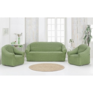 Set huse elastice si creponate pentru canapea 3 locuri si 2 fotolii, fara volanas, culoare Verde