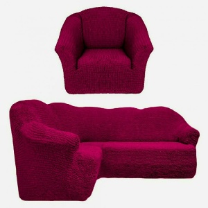 Set Huse elastice si creponate pentru coltar + fotoliu, fara volanas, culoare Bordo