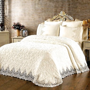Set Luxury pentru pat, Patura cu dantela + Cearceaf de pat + 4 fete de perna, Alb unt