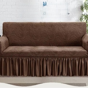 Husa elastica pentru canapea 3 locuri, cu volanas, model Jacquard, Maro in dungi