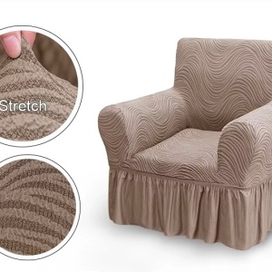 Husa elastica pentru fotoliu, cu volanas, model Jacquard Cappuccino in dungi