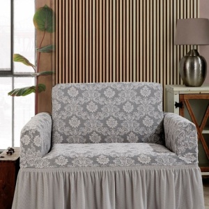 Husa elastica pentru fotoliu, cu volanas si model Jacquard Alb