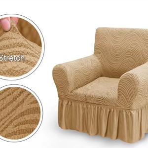 Husa elastica pentru fotoliu, cu volanas si model Jacquard Bej in dungi