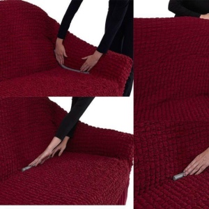 Husa elastica si creponata pentru canapea 3 locuri, fara volanas, culoare Bej Natur - Img 5