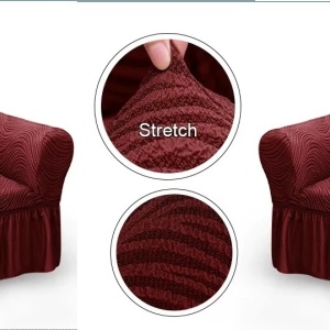 Set 2 Huse elastice pentru fotolii, cu volanas si model Jacquard Bordo in dungi