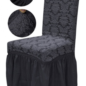 Set 6 huse elastice pentru scaune, cu volanas, model Jacquard Cenusiu