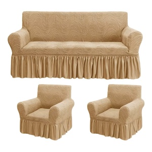 Set huse elastice pentru canapea 3 Locuri si 2 fotolii, cu volanas, model Jacquard Bej in dungi