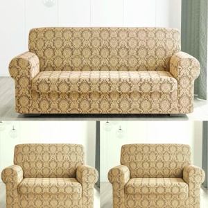 Set huse elastice pentru canapea 3 Locuri si 2 fotolii, fara volanas, model Jacquard Bej