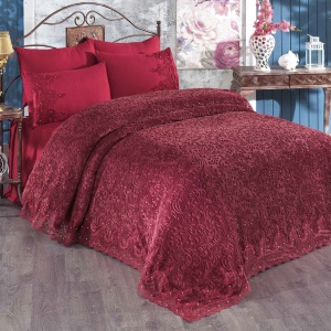 Set Luxury pentru pat, Patura cu dantela + Cearceaf de pat + 4 fete de perna, Bordo