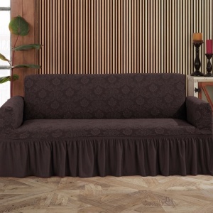 Husa elastica pentru canapea 3 locuri, cu volanas, model Jacquard, Maro
