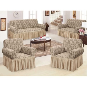 Set huse elastice pentru canapea 3 locuri, canapea 2 locuri si 2 fotolii, cu volanas, model Jacquard Bej
