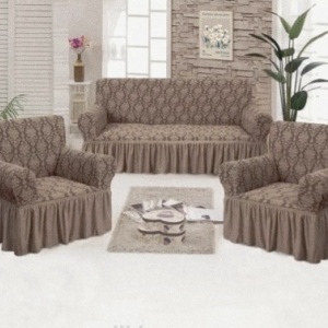 Set huse elastice pentru canapea 3 Locuri si 2 fotolii, cu volanas, model Jacquard Maro Deschis
