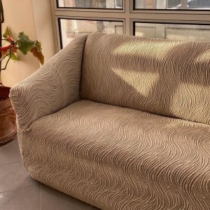 Set huse elastice pentru canapea 3 Locuri si 2 fotolii, fara volanas, model Jacquard Bej inchis in dungi - Img 3