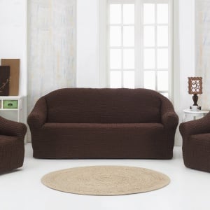 Set huse elastice si creponate pentru canapea 3 locuri si 2 fotolii, fara volanas, culoare Maro
