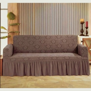 Husa elastica pentru canapea 3 locuri, cu volanas, model Jacquard, Maro Deschis