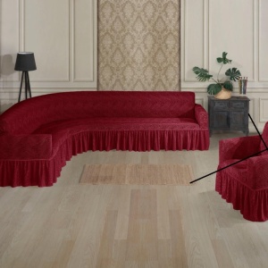 Husa elastica pentru coltar, cu volanas, model Jacquard Bordo in dungi