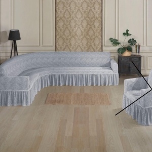 Husa elastica pentru coltar, cu volanas, model Jacquard Gri in dungi