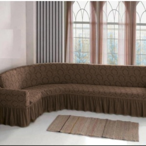 Husa elastica pentru coltar, model Jacquard, cu volanas, culoare Maro
