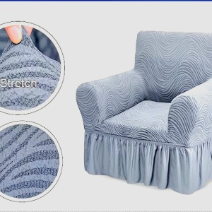 Set 2 Huse elastice pentru fotolii, cu volanas si model Jacquard Gri in dungi - Img 4