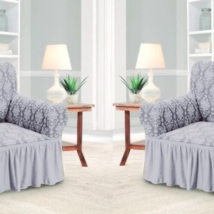 Set 2 Huse elastice pentru fotolii, cu volanas si model Jacquard Gri