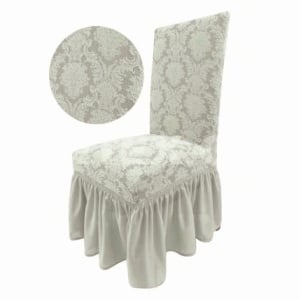 Set 6 huse elastice pentru scaune, cu volanas, model Jacquard Alb