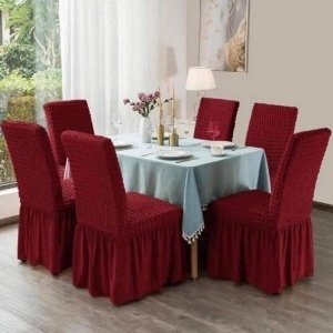 Set 6 huse scaune creponate si elastice, cu volanas, Bordo