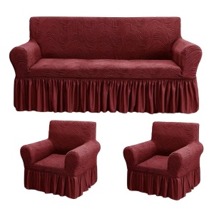Set huse elastice pentru canapea 3 Locuri si 2 fotolii, cu volanas, model Jacquard Bordo in dungi