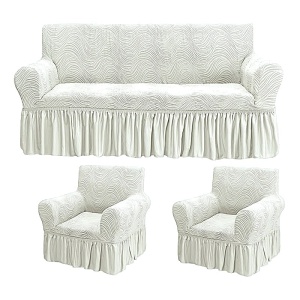 Set huse elastice pentru canapea 3 Locuri si 2 fotolii, cu volanas, model Jacquard Alb in dungi