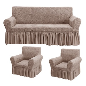 Set huse elastice pentru canapea 3 Locuri si 2 fotolii, cu volanas, model Jacquard Cappuccino in dungi