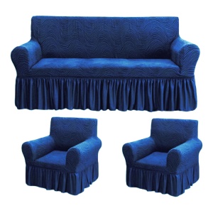 Set huse elastice pentru canapea 3 Locuri si 2 fotolii, cu volanas, model Jacquard Albastru in dungi