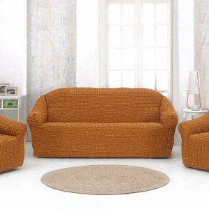 Set huse elastice si creponate pentru canapea 3 locuri si 2 fotolii, fara volanas, culoare Mustar Inchis