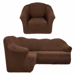Set Huse elastice si creponate pentru coltar + fotoliu, fara volanas, culoare Maro