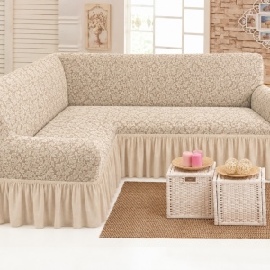 Husa elastica pentru coltar, cu volanas, model Jacquard Bej Natur