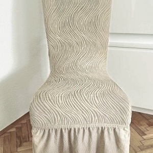 Set 6 huse elastice pentru scaune, cu volanas, model Jacquard Bej deschis in dungi