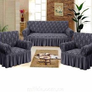 Set huse elastice pentru canapea 3 Locuri si 2 fotolii, cu volanas, model Jacquard Cenusiu