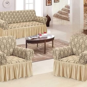 Set huse elastice pentru canapea 3 Locuri si 2 fotolii, cu volanas, model Jacquard Bej