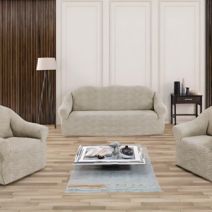 Set huse elastice pentru canapea 3 Locuri si 2 fotolii, fara volanas, model Jacquard Bej deschis in dungi